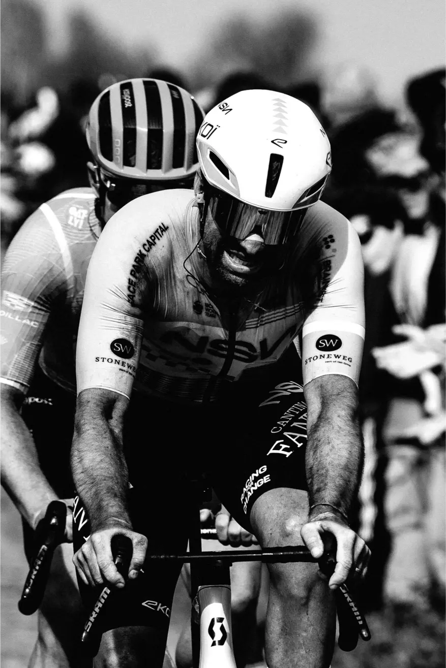 Close-up of an NSN rider — dust, sweat, focus