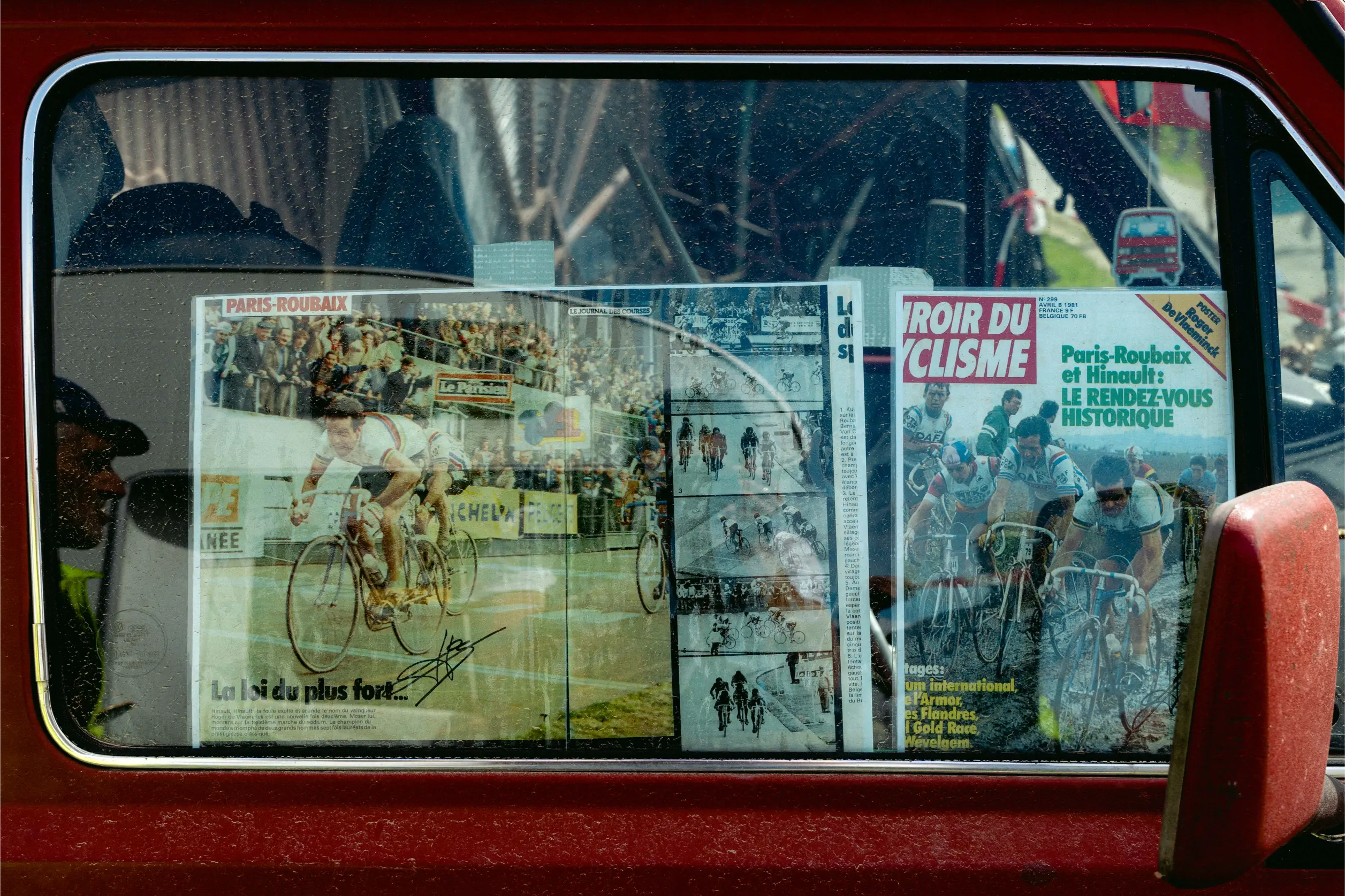 Vintage L'Equipe newspapers with original signatures from Roubaix legends